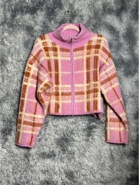 Pink and Brown Plaid Zip-Up Cropped Sweater